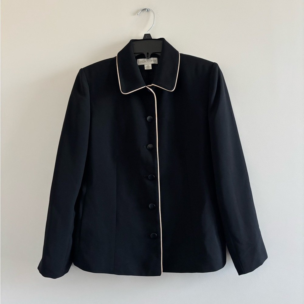 90s VTG Casual Corner Blazer Black Beige Trim 6 Button Women 4 Academia Office